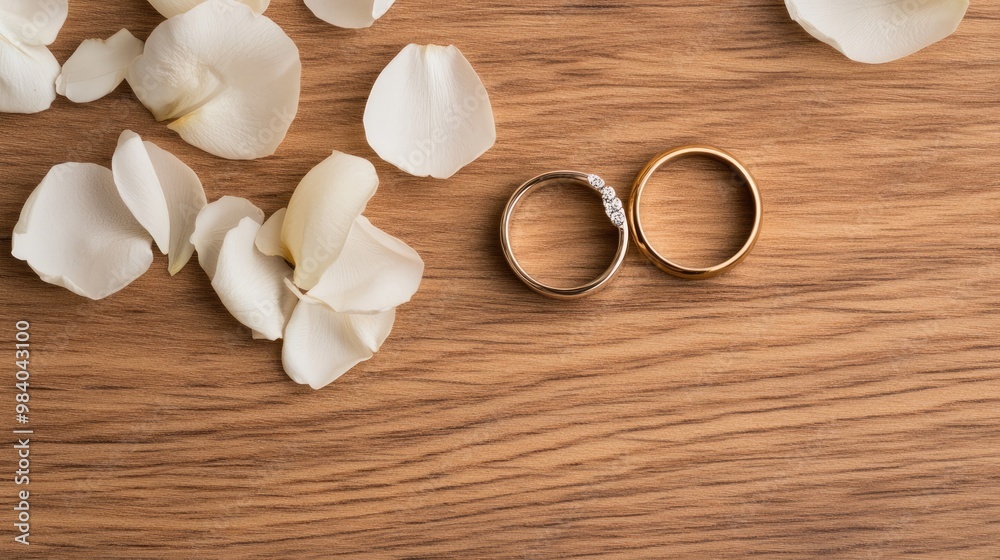 Elegant wedding rings on a polished wooden background with scattered petals Elegant wedding rings on a polished wooden background with scattered petals