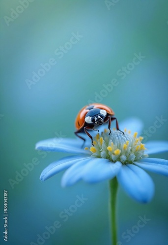 Macro photography of a ladybug on a light blue flower, blurred bokeh background, copy space on a side