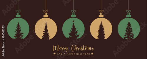 merry christmas card with hanging ball decoration with fir trees vector illustration