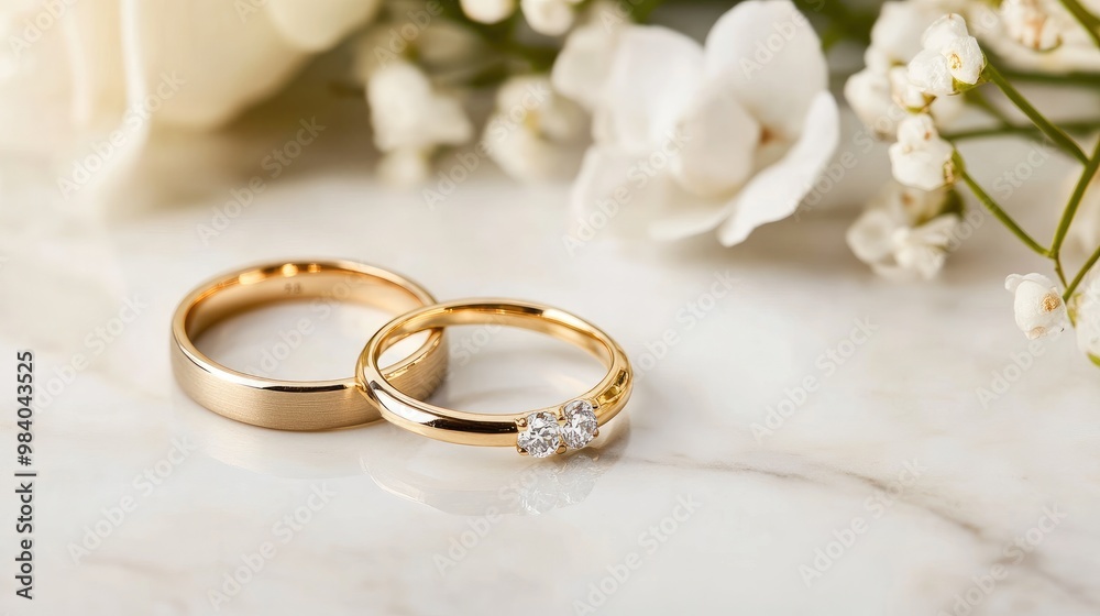Wedding rings on a polished marble surface with subtle floral accents