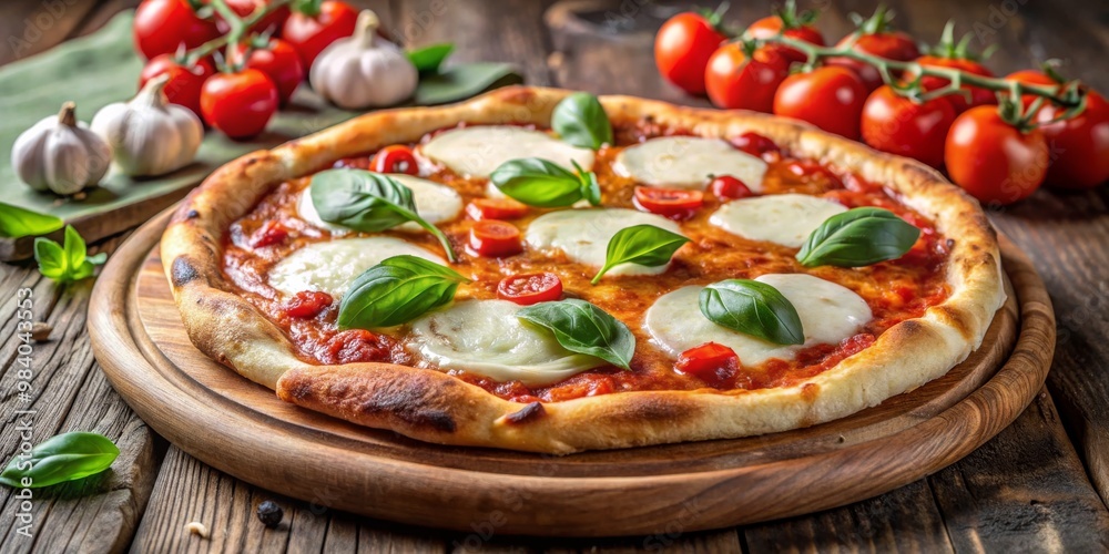 Margherita Pizza on Wooden Board with Tomatoes and Basil - Rustic Italian Food Photography Margherita Pizza on Wooden Board with Tomatoes and Basil - Rustic Italian Food Photography