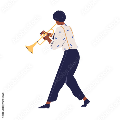 Musician playing trumpet, blowing wind instrument, solo jazz performance. Talented African American man, professional music player. Flat graphic vector illustration isolated on white background
