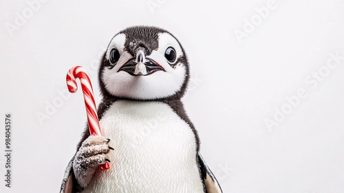 xmas penguin holding a candy cane photo