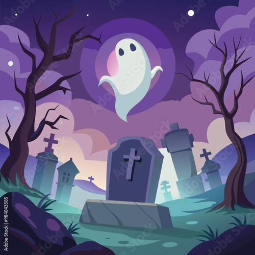 A glowing ghost floating above a misty graveyard, with crumbling tombstones and leafless trees