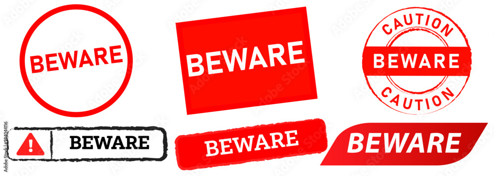 Beware sign red stamps badges emblem caution information be careful awareness design set collection Beware sign red stamps badges emblem caution information be careful awareness design set collection