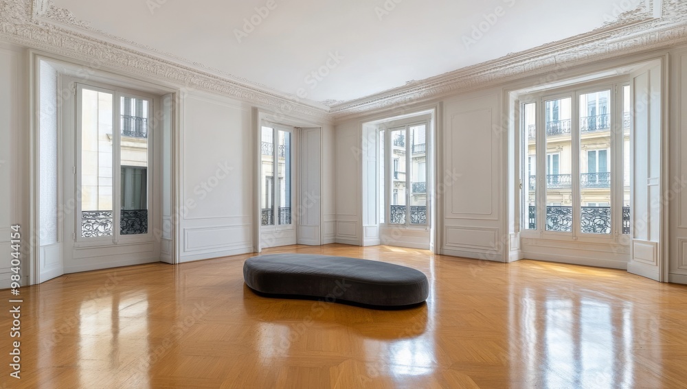 Obraz premium Empty Living Room with Polished Wooden Floors and White Walls Featuring a Gray Sofa