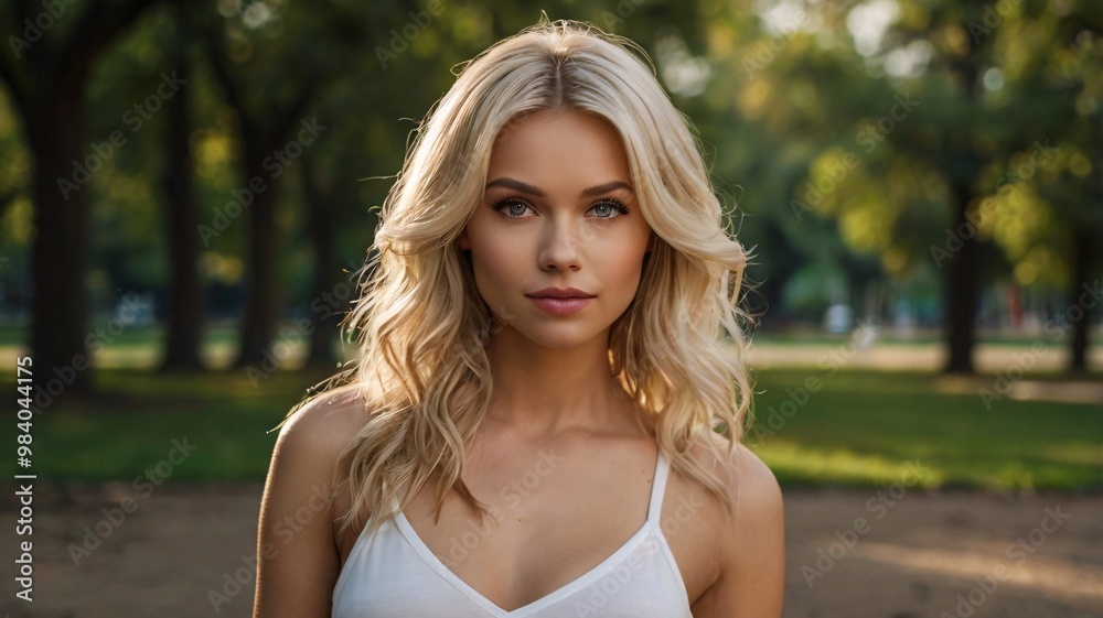 A portrait of a beautiful blonde woman in the park looking at front with large hair A portrait of a beautiful blonde woman in the park looking at front with large hair