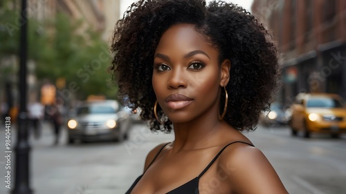 A beautiful young black woman portrait in the city with black modern dress and hairstyle