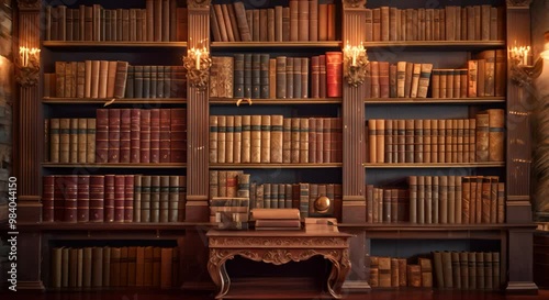 A Dark and Mysterious Library with Ornate Bookcases and Glowing Candle Holders