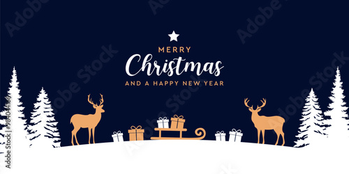 christmas greeting card with deer and gifts in winter landscape vector illustration