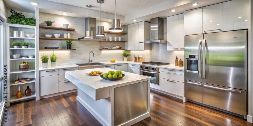 Spacious Modern Kitchen Design Balanced Composition with White Cabinetry, Stainless Steel Appliances, Large Island, Gray Textured Backsplash, Warm Wood Flooring, and Lively Green Spacious Modern Kitchen Design Balanced Composition with White Cabinetry, Stainless Steel Appliances, Large Island, Gray Textured Backsplash, Warm Wood Flooring, and Lively Green