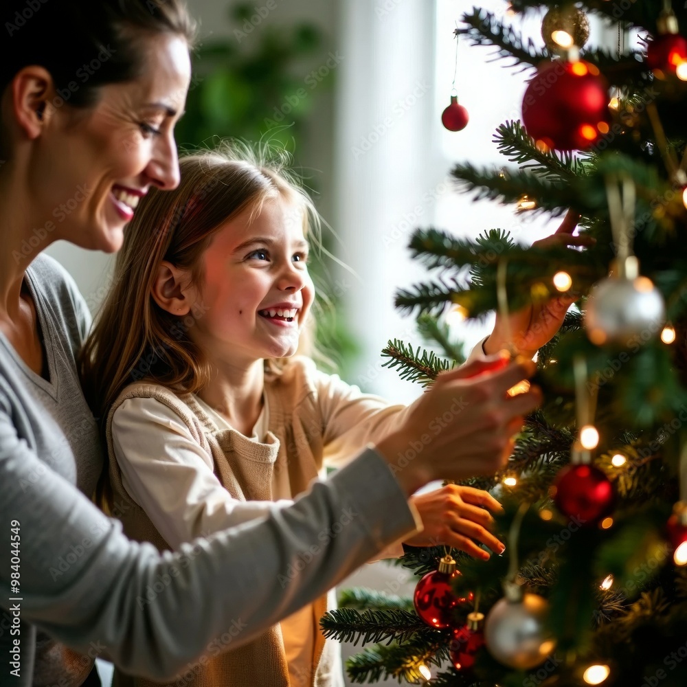 Happy parent helping their daughter decorate the house christmas tree