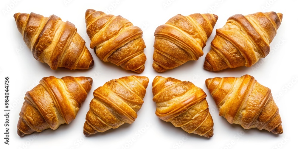 Symmetrical Starburst of Eight Freshly Baked Golden-Brown Croissants on White Background, Highlighting Glossy Textures and Warm Tones for an Inviting Culinary Composition Symmetrical Starburst of Eight Freshly Baked Golden-Brown Croissants on White Background, Highlighting Glossy Textures and Warm Tones for an Inviting Culinary Composition