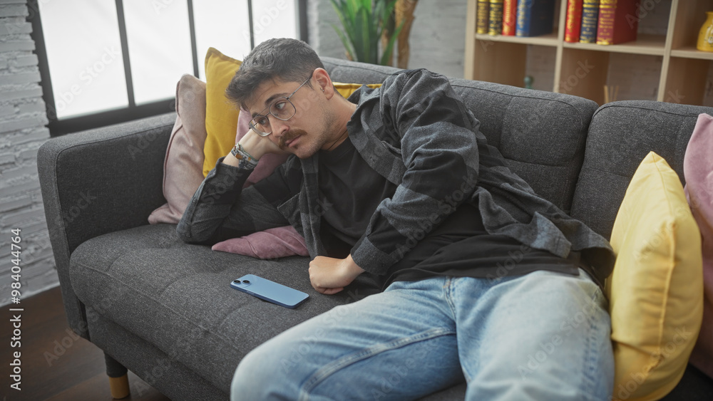 Pensive hispanic man relaxing on a couch in a cozy living room, glasses on, smartphone beside him. Pensive hispanic man relaxing on a couch in a cozy living room, glasses on, smartphone beside him.