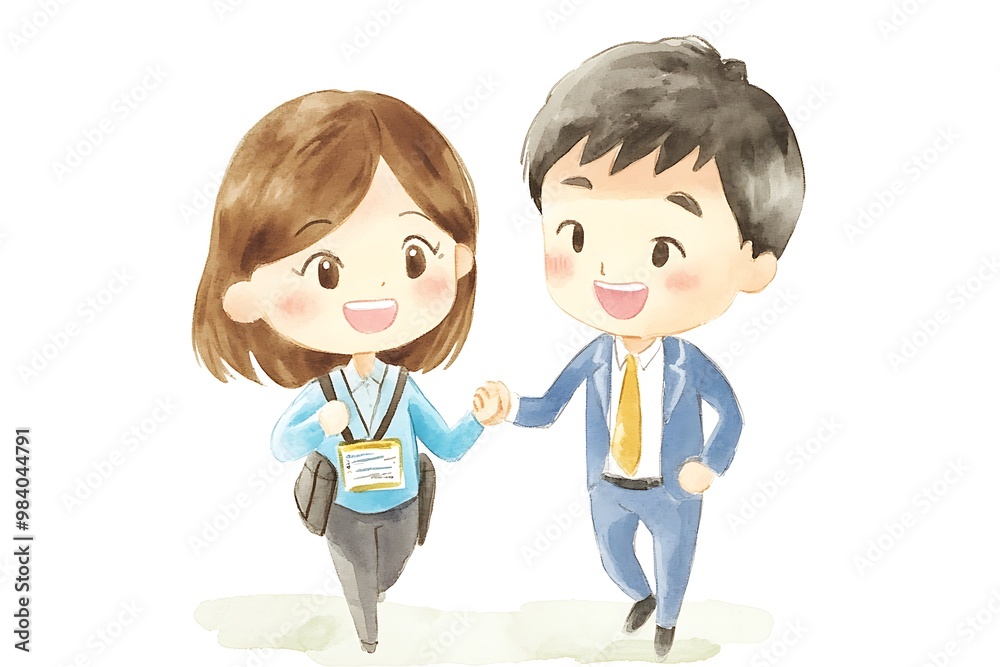 Happy Watercolor Illustration of a Businessman and Businesswoman Walking Together. Happy Watercolor Illustration of a Businessman and Businesswoman Walking Together.