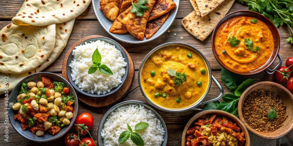 Symmetrically Arranged Close-Up of an Inviting Indian Feast on a Wooden Table Yellow Curry with Parsley, Fluffy Rice, Flatbreads, and Vibrant Dishes Creating a Rich Culinary Symmetrically Arranged Close-Up of an Inviting Indian Feast on a Wooden Table Yellow Curry with Parsley, Fluffy Rice, Flatbreads, and Vibrant Dishes Creating a Rich Culinary
