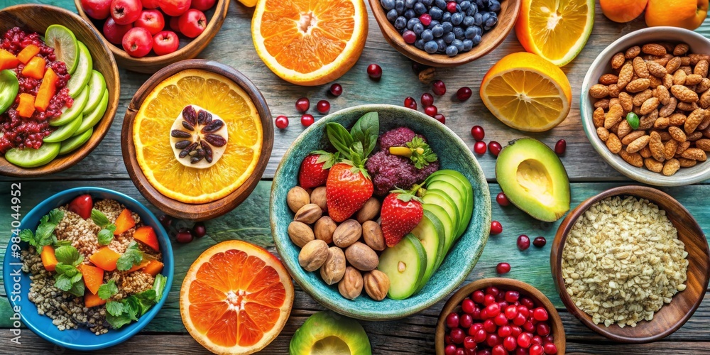 Top-Down Asymmetrical Composition of Colorful Bowls with Fruits, Nuts, and Yogurt on a Textured Wooden Surface, Highlighting Vibrant Freshness and Variety in Healthful Eating Top-Down Asymmetrical Composition of Colorful Bowls with Fruits, Nuts, and Yogurt on a Textured Wooden Surface, Highlighting Vibrant Freshness and Variety in Healthful Eating