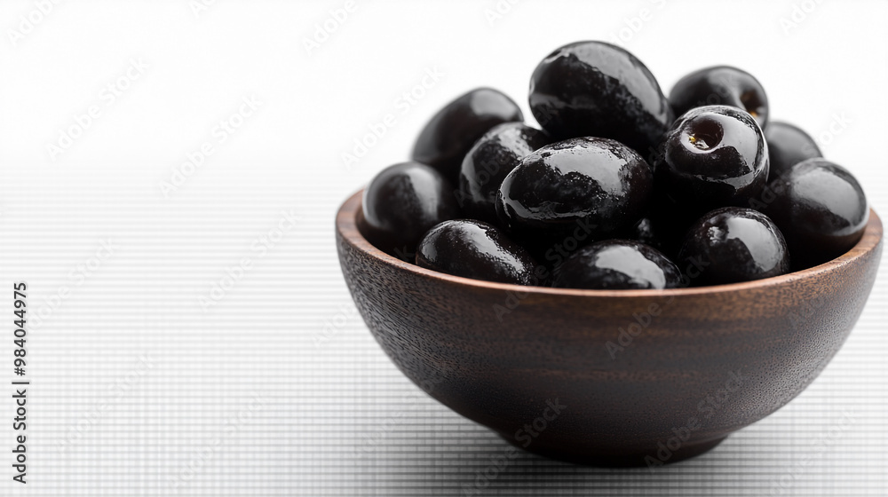 Freshly harvested black olives in a wooden bowl on a textured surface Freshly harvested black olives in a wooden bowl on a textured surface