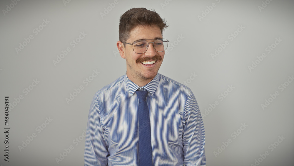 Smiling young hispanic man with a moustache wearing glasses and a striped shirt, isolated on a white background. Smiling young hispanic man with a moustache wearing glasses and a striped shirt, isolated on a white background.