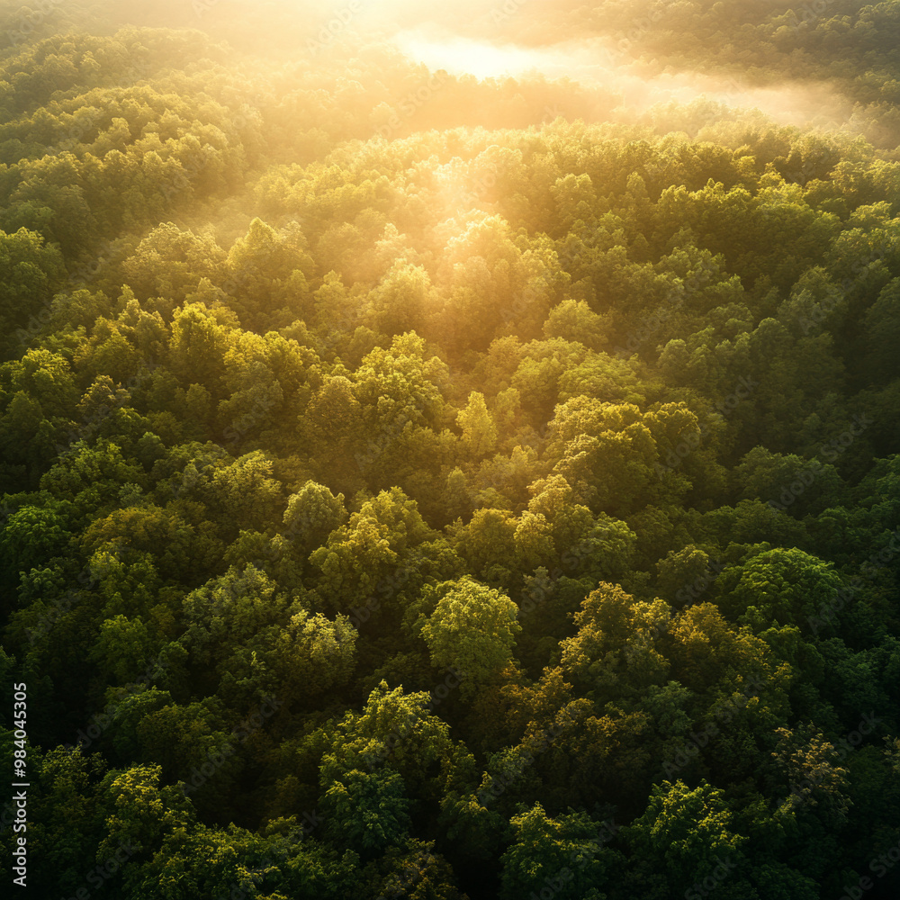 Photorealistic Aerial View of Forest at Sunrise Photorealistic Aerial View of Forest at Sunrise