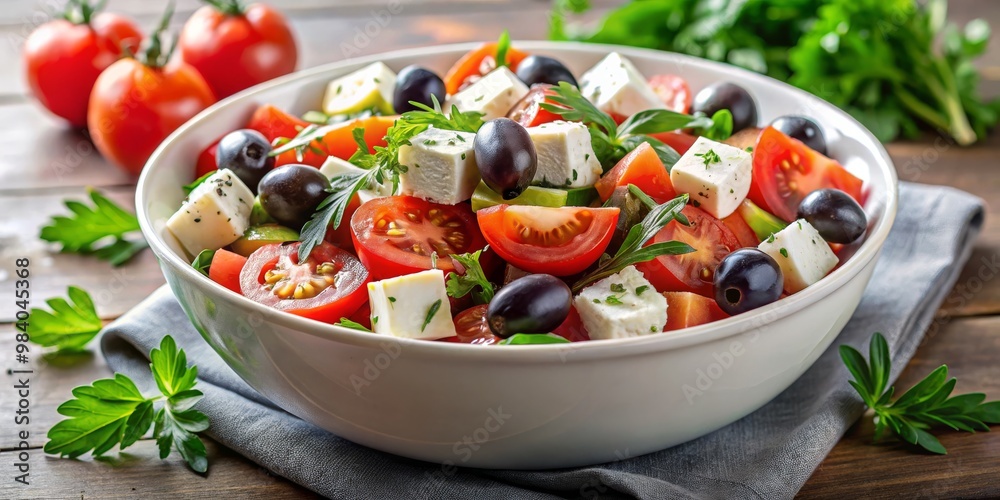 Vibrant Close-Up of Greek Salad in White Bowl on Rustic Wooden Table, Featuring Ripe Tomatoes, Creamy Feta, Black Olives, and Fresh Parsley, Capturing the Freshness and Simplicity Vibrant Close-Up of Greek Salad in White Bowl on Rustic Wooden Table, Featuring Ripe Tomatoes, Creamy Feta, Black Olives, and Fresh Parsley, Capturing the Freshness and Simplicity