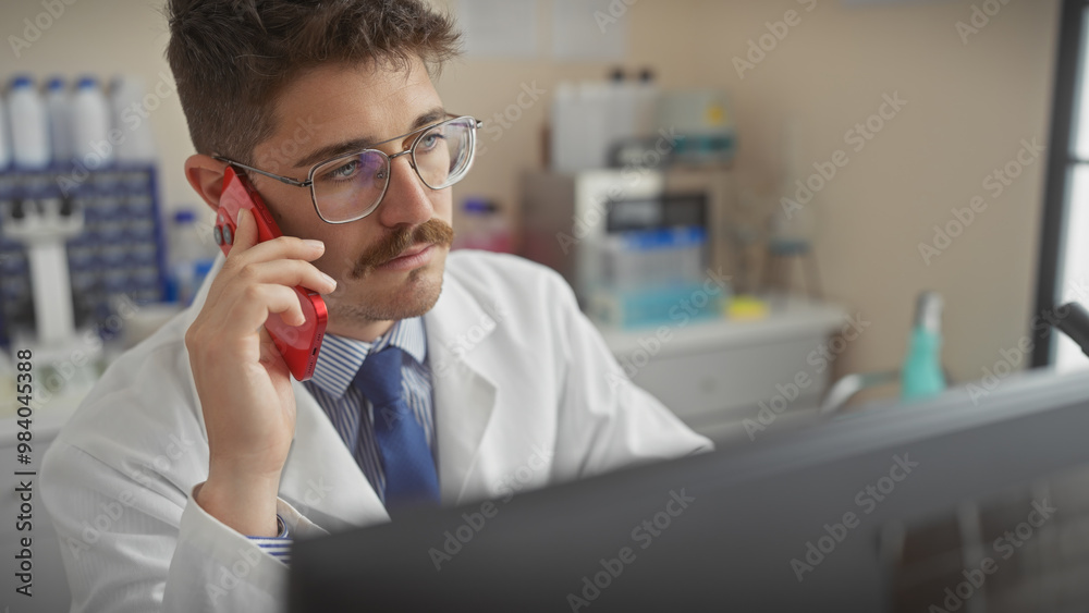 A focused man in a lab coat talks on a red phone while using a computer in a laboratory setting. A focused man in a lab coat talks on a red phone while using a computer in a laboratory setting.