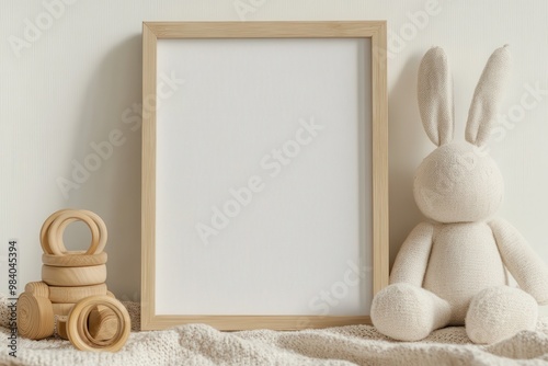 A close-up shot of a minimalist nursery decor. A wooden-framed blank canvas leans against