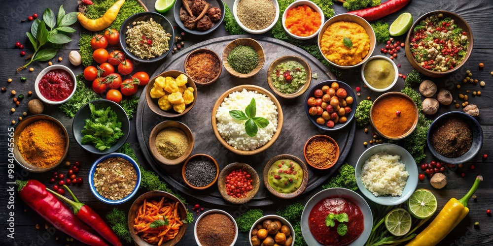 Vibrant Culinary Showcase Close-up of a Circular Arrangement of Colorful Spices, Sauces, and Fresh Ingredients on Black Wooden Surface with White Rice as the Central Focus Vibrant Culinary Showcase Close-up of a Circular Arrangement of Colorful Spices, Sauces, and Fresh Ingredients on Black Wooden Surface with White Rice as the Central Focus