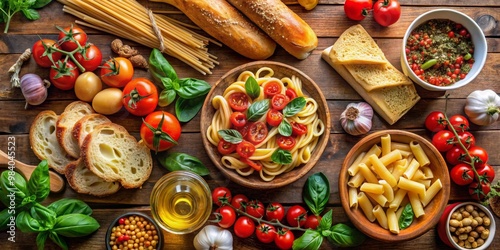 Vibrant Flat Lay of Fresh Pasta Ingredients on Rustic Wooden Table Bowls of Pasta, Cherry Tomatoes, Garlic, Basil, and Olive Oil Showcasing Lively Colors and Textures