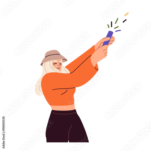 Happy young woman celebrating holiday with confetti stick. Excited smiling joyful merry girl in festive mood, birthday party celebration. Flat vector illustration isolated on white background