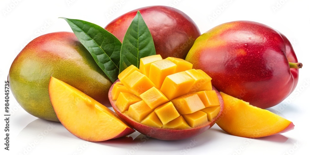 Vibrant Mango Composition A Semi-Circle of Three Whole Mangoes, Diced Centerpiece, and Slices on White Background, Enhanced by Lush Green Leaves, Showcasing Color Contrast and Vibrant Mango Composition A Semi-Circle of Three Whole Mangoes, Diced Centerpiece, and Slices on White Background, Enhanced by Lush Green Leaves, Showcasing Color Contrast and