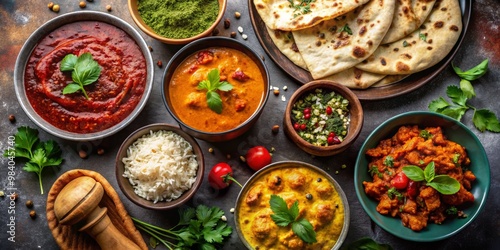 Vibrant Indian Cuisine Close-Up A Dynamic Spread of Richly Colored Curries, Fresh Herbs, and Accompaniments on a Rustic Dark Background, Evoking Abundance and Authenticity