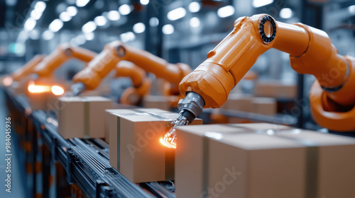 Automated robot arms sorting parcels in modern warehouse environment, showcasing advanced technology and efficiency in logistics. scene highlights precision and speed of robotic systems