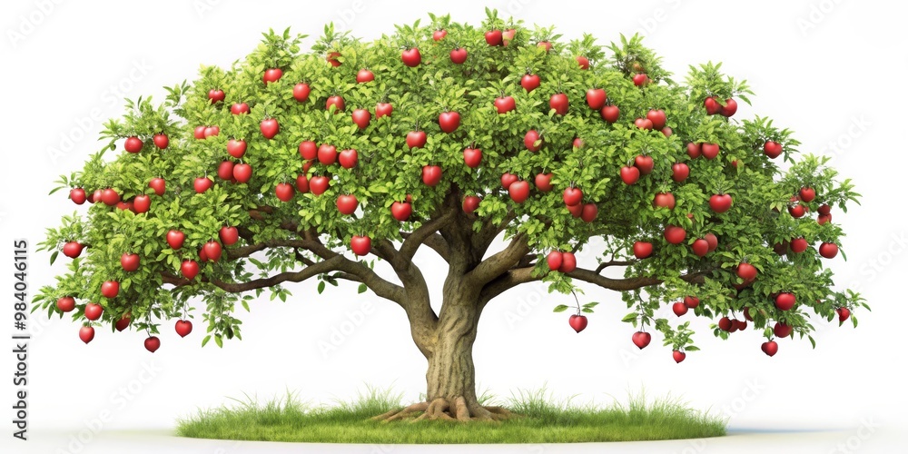 Naklejka premium Vibrant Symmetry A Lush Apple Tree Bursting with Ripe Red Apples Against a Crisp White Background, Surrounded by Green Grass and Visible Roots, Symbolizing Nature's Abundance and