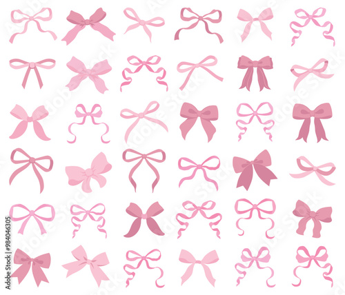 Vector Illustrations of soft pink vintage bow set. Bow for girly hair decor, flat icons. Ribbons isolated. Trendy girls accessories. Cute hairstyle elements collection.Simple handdrawn pink ribbon bow