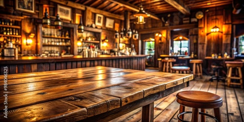 Warm Rustic Comfort Close-up of a Polished Honey-Brown Wooden Table and Plush Stool in a Dimly Lit Bar, Surrounded by Blurred Rustic Decor and Inviting Overhead Lighting