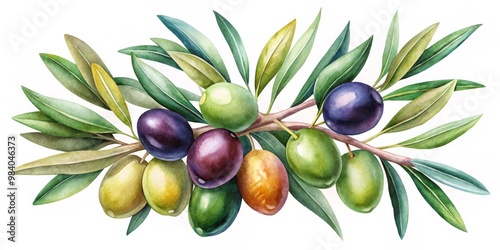 Watercolor Olive Tree Branch with Assorted Olives and Leaves Asymmetrical Composition Capturing Nature's Abundance, Featuring Colorful Ripeness Stages Against a Fresh White