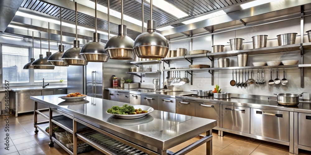 Wide-Angle View of a Modern Professional Kitchen Sleek Stainless Steel Countertop as Focal Point, Well-Lit with Reflective Surfaces, Showcasing Functional Appliances and Wide-Angle View of a Modern Professional Kitchen Sleek Stainless Steel Countertop as Focal Point, Well-Lit with Reflective Surfaces, Showcasing Functional Appliances and