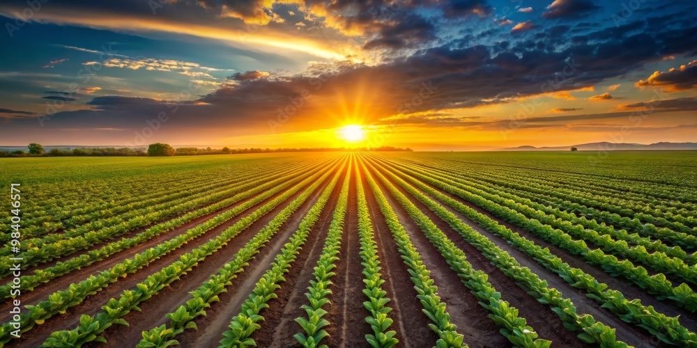 Wide shot of a lush green vegetable field in straight rows under a vibrant orange sunset, with deep blue sky and fluffy clouds, evoking tranquility and the beauty of natures cycle Wide shot of a lush green vegetable field in straight rows under a vibrant orange sunset, with deep blue sky and fluffy clouds, evoking tranquility and the beauty of natures cycle
