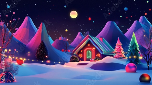 1980s new wave-inspired christmas landscape with abstract mountains and geometric shapes photo