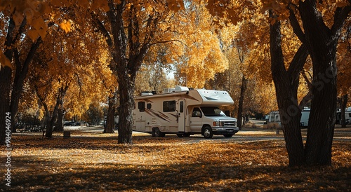 Fototapeta Naklejka Na Ścianę i Meble -  A photograph of an RV parked in a park during the fall season