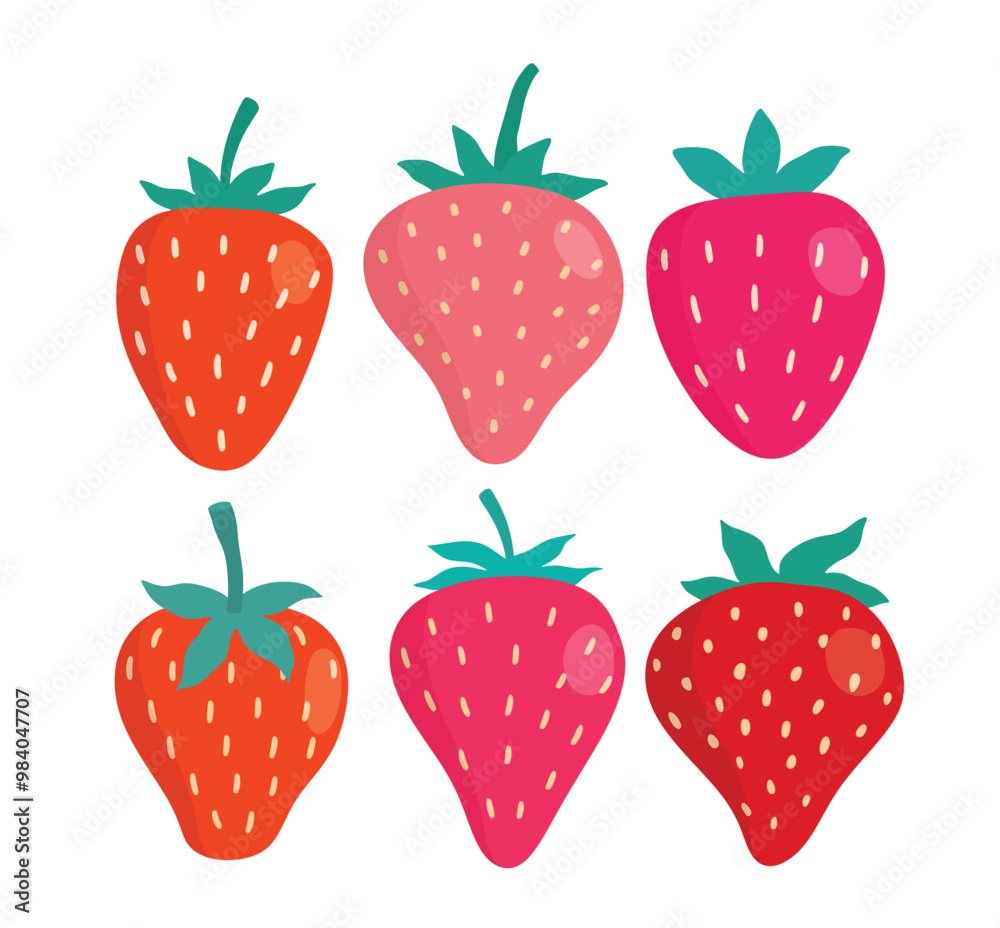 Strawberry fruit vector set cute cartoon style. isolated on white background.