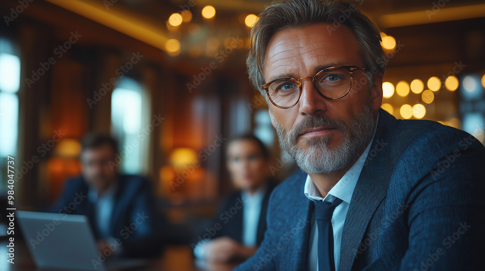 Portrait of serious middle aged businessman in elegant suit and glasses Portrait of serious middle aged businessman in elegant suit and glasses
