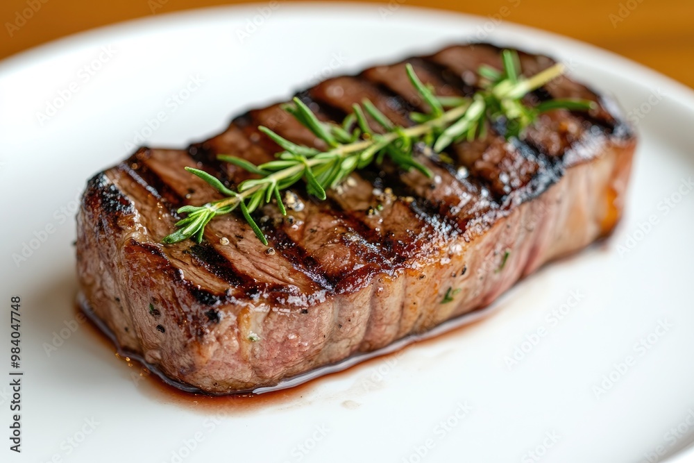 Grilled steak with herbs on a white plate, sharp contrast, focused textures Grilled steak with herbs on a white plate, sharp contrast, focused textures