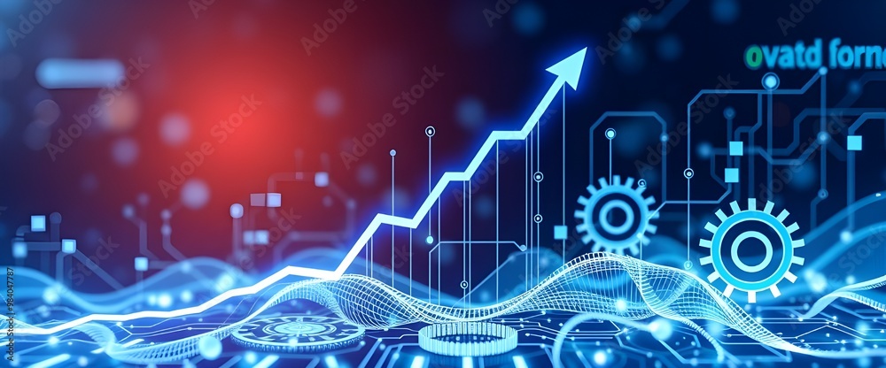 A modern digital landscape where business and technology meet, with a graph showing a rising trend alongside abstract tech elements like circuits and gears.