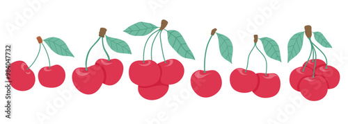 Cherry fruit vector set cute cartoon style. isolated on white background.