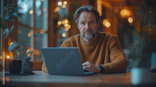 Busy mature business man, middle aged professional executive, older entrepreneur investor wearing glasses looking at laptop computer thinking on financial market working online in office.