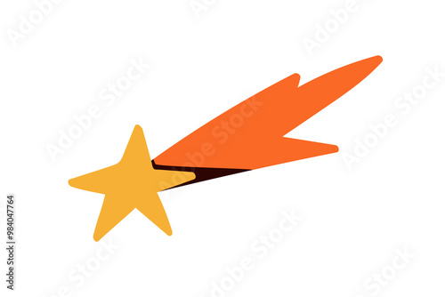 Shooting star with glowing trail, wish and dream symbol. Bright celestial cosmic object in motion, light blaze streak. Falling comet in flight. Flat vector illustration isolated on white background