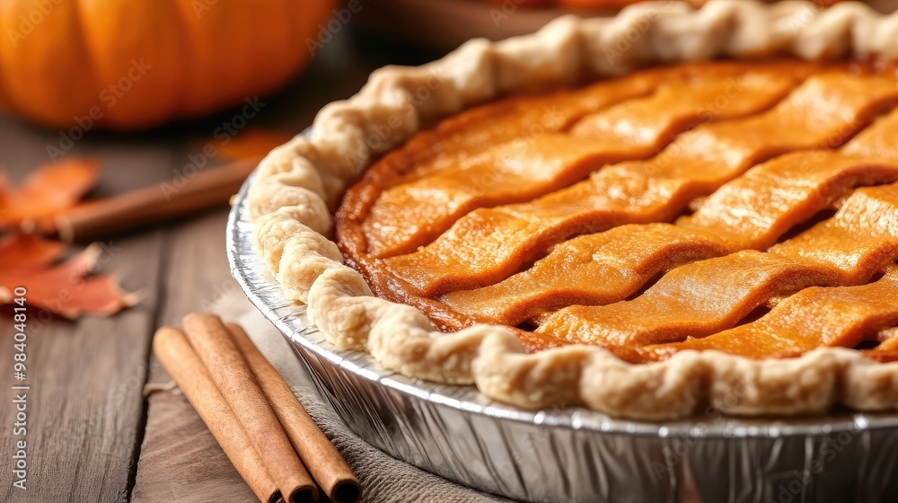 Warm sweet potato pie with a rich golden-brown crust, sitting on a wooden table decorated with cinnamon sticks and autumn Warm sweet potato pie with a rich golden-brown crust, sitting on a wooden table decorated with cinnamon sticks and autumn