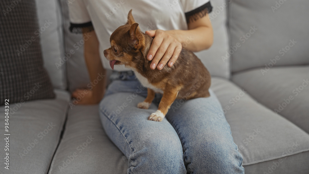 A young woman gently petting a chihuahua on her lap while sitting in a cozy living room.
